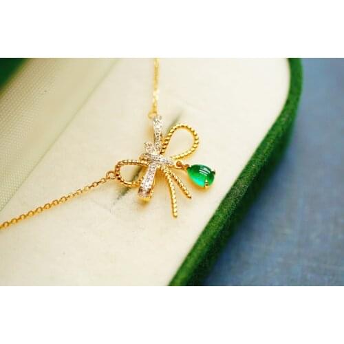 JHY Solid 18K Yellow Gold 4.8mm Nature Green Emerald Gemstones Pendants Necklaces for Women Fine Jewelry for Women Gifts