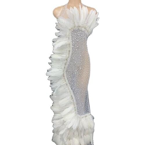 Feather Dresses Gauze Perspective Pearl Decoration Floor-Length Sleeveless Backless Performance Clothing Singer Stage Wear