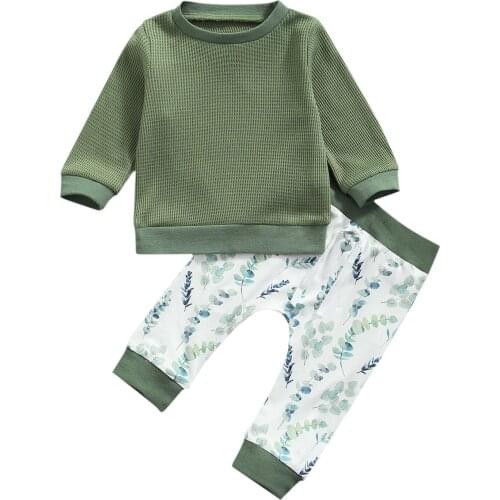 1-3Years Girls Casual Two-piece Clothes Set, Solid Color Pullover and Leaves Printed Pattern Pants