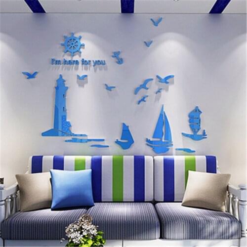 Romantic Mediterranean style Stereo 3D wall stickers Modern Living room Kids rooms backdrop decor Acrylic sticker Blue Ocean