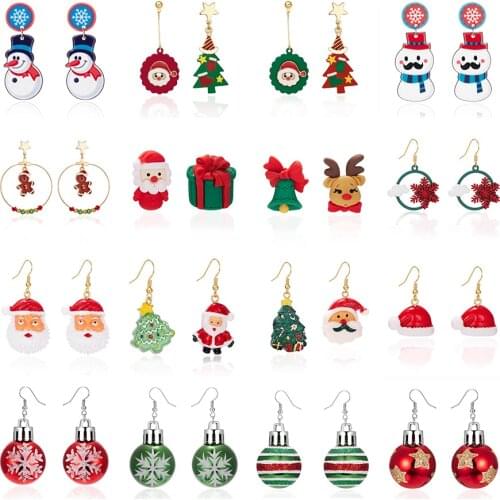 Merry Christmas Gift Cartoon Deer Santa Claus Tree Snowflake Asymmetric Drop Earrings Xmas Soft Pottery Resin Light Bulb Earring