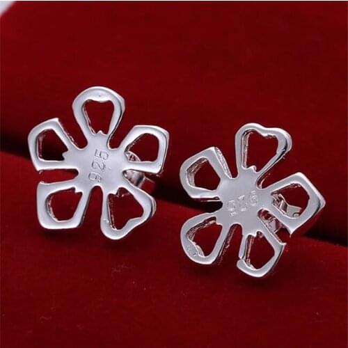ESE053 Wholesale Free Shipping Silver Plated Earrings , Factory Price 925 Stamped Fashion Jewelry Flower Charms Earrings E053