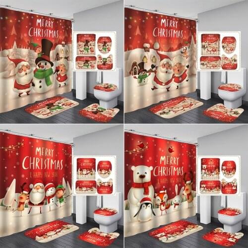 Santa Christmas Print Toilet Bathroom Mat and Shower Curtain Snowman Elk Pattern Bath Curtains Holiday Party Home Decoration