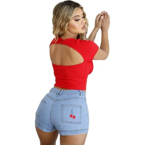 New Retro Cherry Embroidered Women High Waist Jeans Shorts Ladies Sexy Package Hip Denim Shorts Black &Blue Short Female HBP89