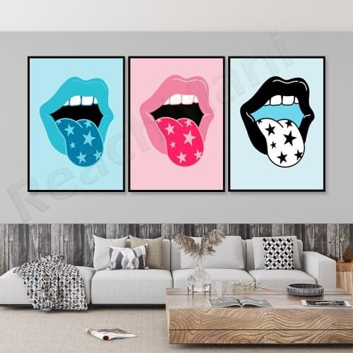 Blue lip, pink lip wall art print mouth, tongue, lips, stars, dorm, stylish blue apartment decoration poster