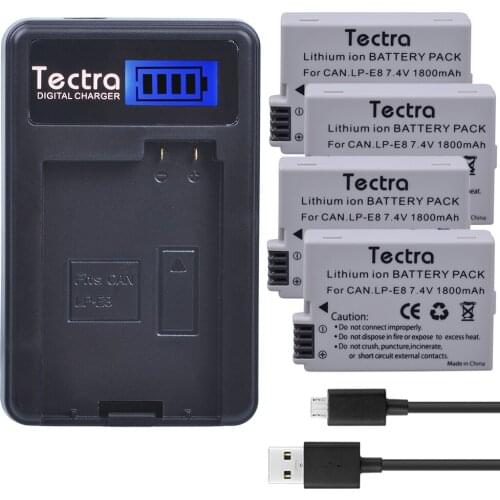 Tectra 4PCS LP-E8 LP E8 LPE8 Li-ion Battery + LCD USB Charger for Canon EOS 550D 600D 650D 700D X4 X5 X6i X7i T2i T3i T4i T5i