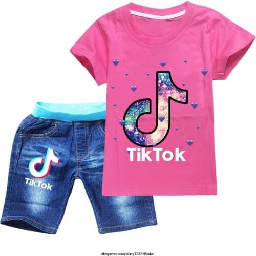 Tik Tok T Shirt+Denim shorts Girls Tops Fashion Summer Clothes Kids Shirts O-Neck Cartoon Child Boys Short Sleeve Clothing