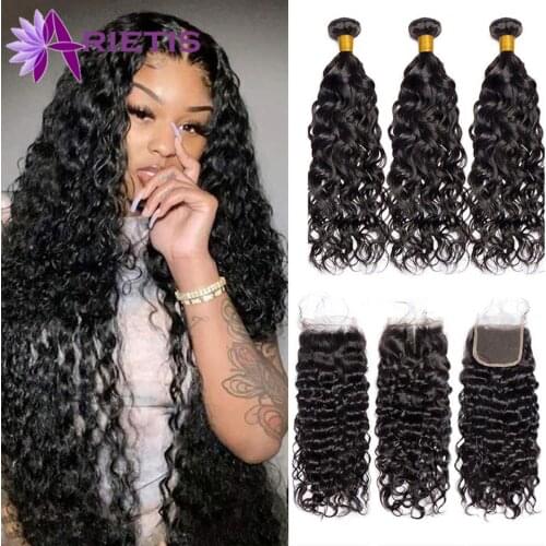 Arietis Water Wave Bundles With 4x4 Lace Closure Brazilian Hair Weave With Closure Wet And Wavy Remy Human Hair