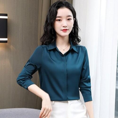 Women Fashion Long Sleeves Satin Blouse Vintage Office Lady Workwear Shirts Elegant Hidden Button Imitation Silk Blouse Tops