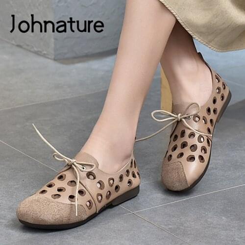 Johnature Retro Women Sandals Genuine Leather Lace-Up Shoes 2021 New Summer Flat With Hollow Concise Handmade Ladies Sandals