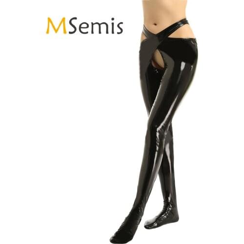 Womens Open Crotch Trousers Pants with Waistband Crotchless Patent Leather for Lingerie Night Roleplay