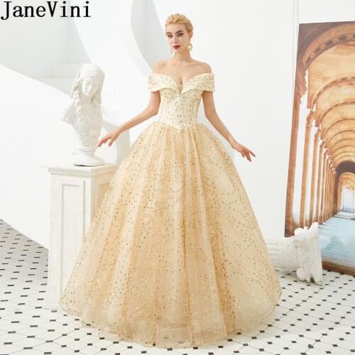 JaneVini Bling Bling Sequins Gold Prom Dresses Long 2020 Off Shoulder Ball Gowns Puffy A Line Saudi Arabia Evening Party Dress
