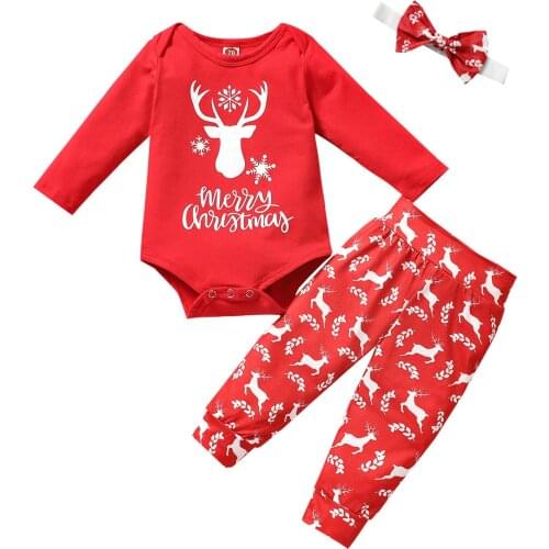 OPPERIAYA Infant Baby 3Pcs Merry Christmas Cotton Autumn Outfits Long Sleeve Reindeer Letter Bodysuit Pants Headband Casual Set