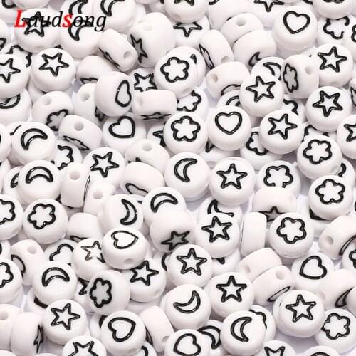7mm White Black Mixed Flower Star Moon Heart Acrylic Beads Round Flat Spacer Beads For Jewelry Making Diy Bracelet Necklace
