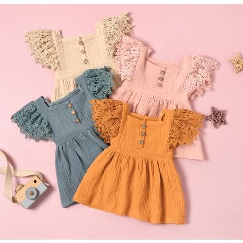 FOCUSNORM 4 Colors Newborn Baby Girls Princess Dress Solid Lace Fly Sleeve Button A-Line Mini Dress 0-24M