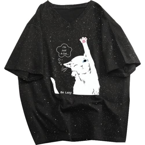 Summer Fashion Women Black T Shirt Cute Lazy Cat Harajuku Casual Loose Short Sleeve V Neck Cotton Tees Tops