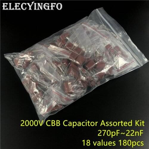 2000V 270pf~22nf CBB metal film capacitors Assortment Kit 18 values 180pcs 330pF 470pF 680pF 820pF 1nF 2.2nF 3.3nF 4.7nF