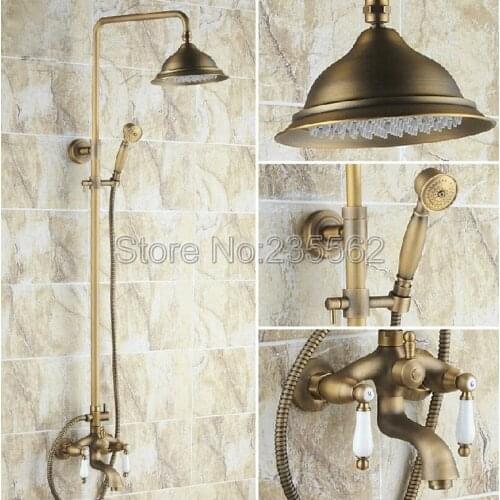 Retro antique rain shower faucets set with hand shower brass finish wall mounted shower mixer for bathroom Tub Faucet lrs161