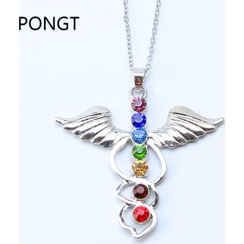 New 7 Chakra Stones Reiki Healing Crystal Rhinestone Point Chakra Pendant Tree Of Life Pendant Angel Shape Jewelry Necklace