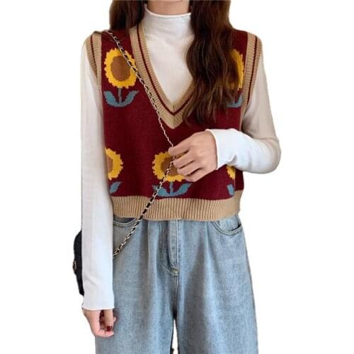 2021 Autumn New Retro Casual Knitted Sunflower Vest Sweater Oversize Korean Fashion Sleeveless V-Neck Pullover Waistcoat Top