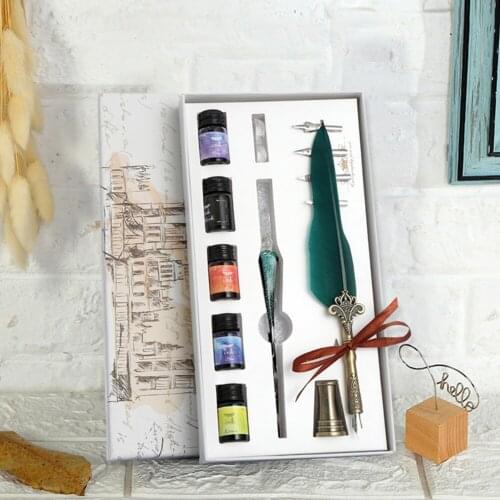 Starry Sky Crystal Fountain Dip Pen Feather Set Manual Gradient Color Writing Ink Pen Student Stationery Quill Calligraphy Glass