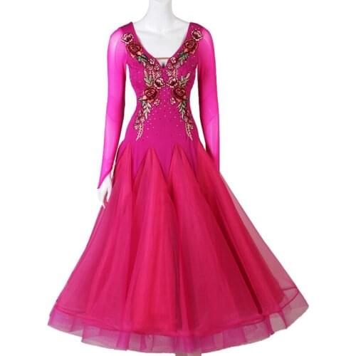 Ballroom Dance Dresses Long Sleeve foxtrot embroidery black white Women Stage Waltz Ballroom Dress rose red MQ210