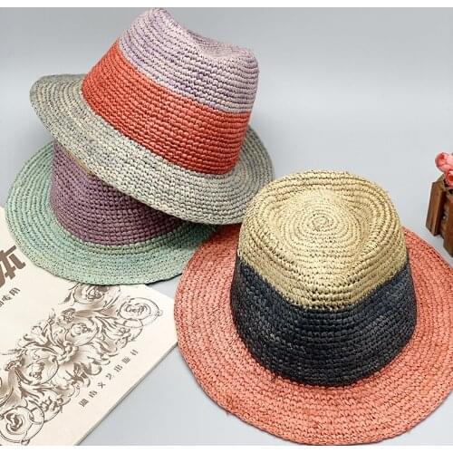 202007-fcm171 handmade raffia grass pink green color patchwork fedoras hat men women leisure panama jazz hat
