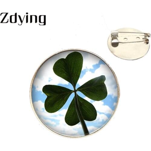 Zdying Four-Leaf Clover Brooches Glass Cabochon Badge Green Plants Jewelry For Clothing Bags Accessories Brooch Pins YZ008