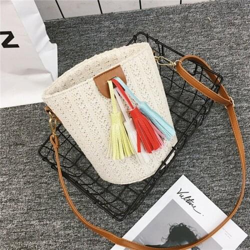 Womens bag new bucket bag simple woven tassel beach bag One Shoulder Messenger Bag