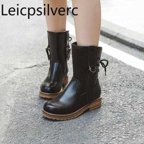 Womens Boots Autumn And Winter Round head Short tube Comfortable Low-heeled Lace up Womens shoes plus size 33-43 3.5cm high