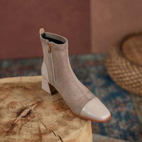 Osunlina Woman Short Boots Genuine Leather Square Toe 5cm High Block Heels Zipper Quality Elegant Lady Short Boots Autumn Winter