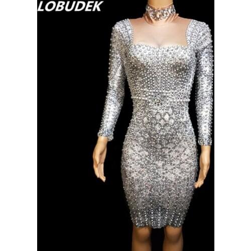 New Women Silver pearl Rhinestones Dress Stretch Leotard Short Dress Prom Evening Performance Costume Singer Host Stage Wear