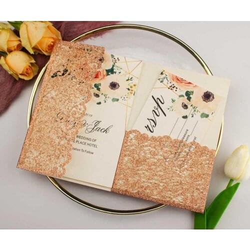 50X glitter Rose gold Silver wedding invitations envelope personalized laser cut pocket fold invite RSVP marriage bridal shower