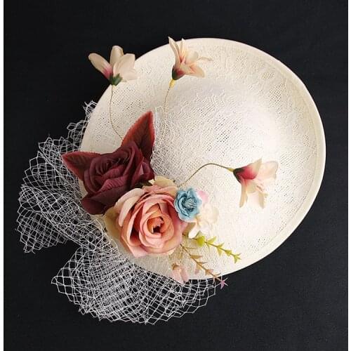 Big Bride Wedding Hat Flower Veil Linen Fascinator Hat Bridemaid Headwear Show Party Hairpin Fashion Women Linen Hat Hair Clips