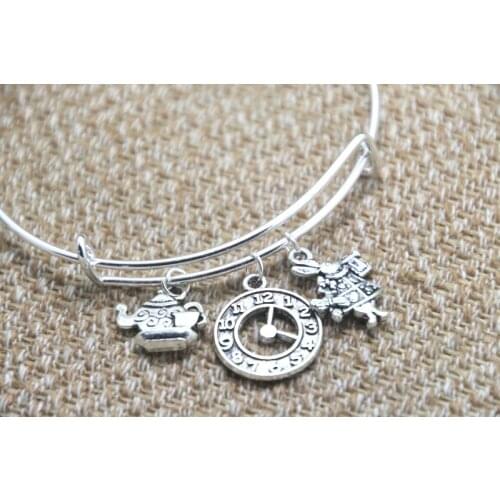12pcs Alice in Wonderland inspired bracelet Teapot with teacup Clock white rabbit charm bangle bracelet
