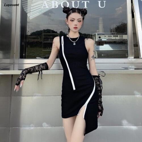 Black Gothic Lady Basic Sexy Mini Dress Summer Women Sleeveless Long Zippers O Neck Slim Harajuku Dresses Korean Fashion Clothes