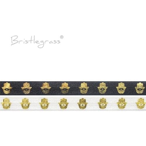 BRISTLEGRASS Wholesale 50 Yard 5/8" 15mm Evil Eye Hamsa Hand Gold Foil Print FOE Foldover Elastic Spandex Band Dress Sewing Trim