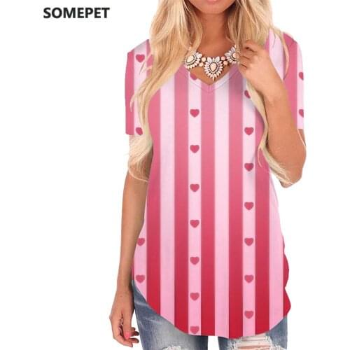 SOMEPET Stripe T-shirt women Love V-neck Tshirt Abstract Tshirts Printed Harajuku T-shirts 3d Womens Clothing Fashion Printed