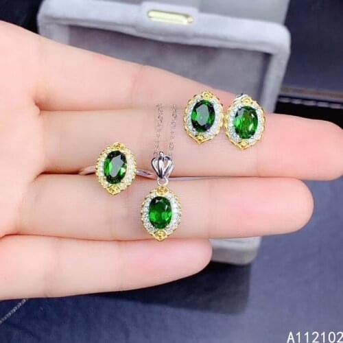 KJJEAXCMY fine Jewelry 925 sterling silver inlaid natural Diopside luxury pendant ring earring set support test hot selling