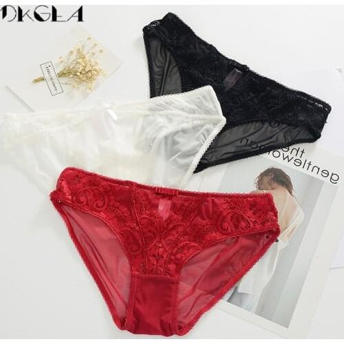 Low-Rise Lace Panties 3 Piece Black+White+Red Women Underwear Comfortable Transparent Briefs Plus Size XL Embroidery Sexy Panty