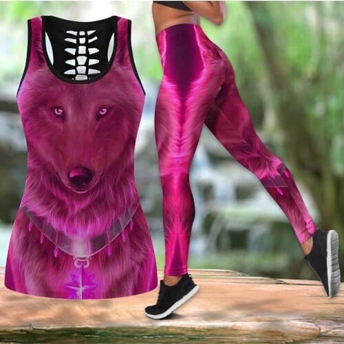 Fashion Animal Wolf Red Women Hollow Tanktop And Leggings For 3D Print Hipster Leisure Streetwear Female Sexy Vests Clothes S-72