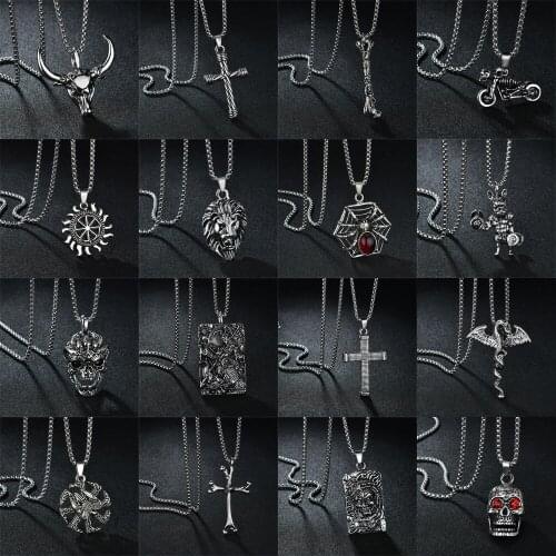 Men Women Gothic Necklaces Hip Hop Metal Carving Skull Cross Animal Sweater Chain Pendant Necklace Cool Mens Biker Jewelry