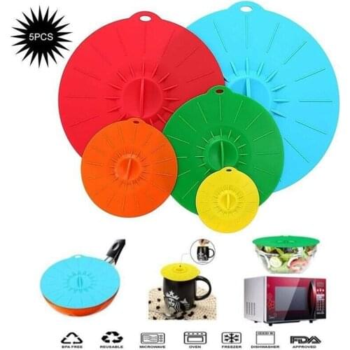 5pcs Fresh Keeping Anti Overflow Cover Set Silicone Microwave Bowl Lid Strong Suction Pot Easy Vacuum Seal Kitchen Accessories