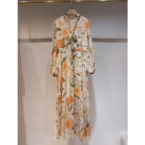 New women fashion 2021 long-sleeved V-neck ribbon printed gold silk dress 0318