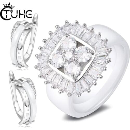 New Ceramic Set Women Jewelry Classy Sparking Crystal Ceramic Stud Earrings Ring Jewelry Set Dress Accessories Wedding for Women