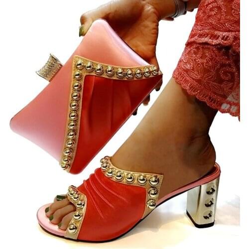 New Peach+Coral Color Shoes and Bag Set African Sets Shoes and Bags To Match African Shoe and Bag Set for Evening Party Wedding