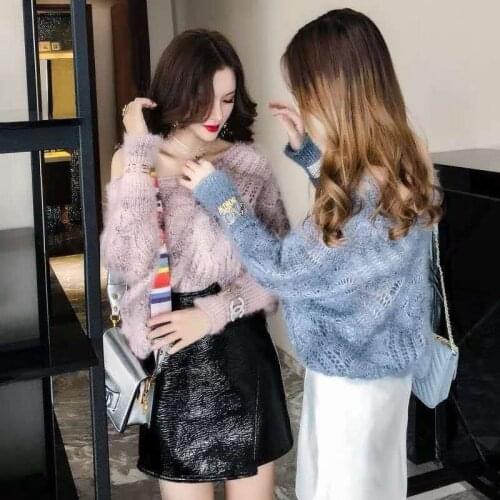 Autumn V-neck Sexy Hollow Out Gradient Thin Sweater Loose Fashion Bat Sleeve Lazy Style Sexy Sweater Woman