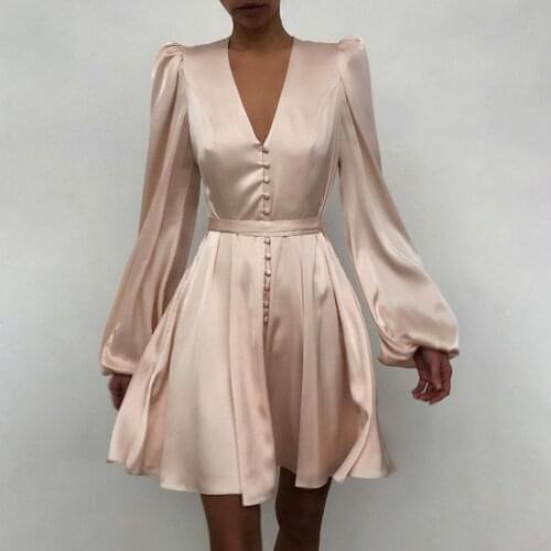 Dress V-Neck Mid Waist Polyester Fiber Women Puff Sleeve Dress for Wedding