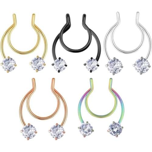 Fake Piercing Nose Septum Ring Stainless Steel Horseshoe CZ Zircon Nose Stud Hoop Clip Non Piercing Fake Nose Ring Body Jewelry