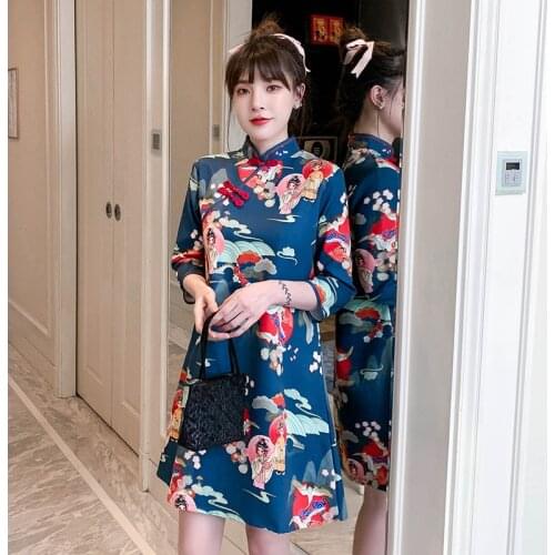 Cartoon Fun Printing Large Size Loose Slim Sleeve Dress Spring and Summer New Improved Young Cheongsam